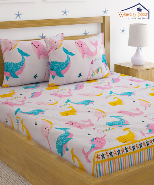 Dolphins Kids Double Bedsheet with 2 Pillow Covers