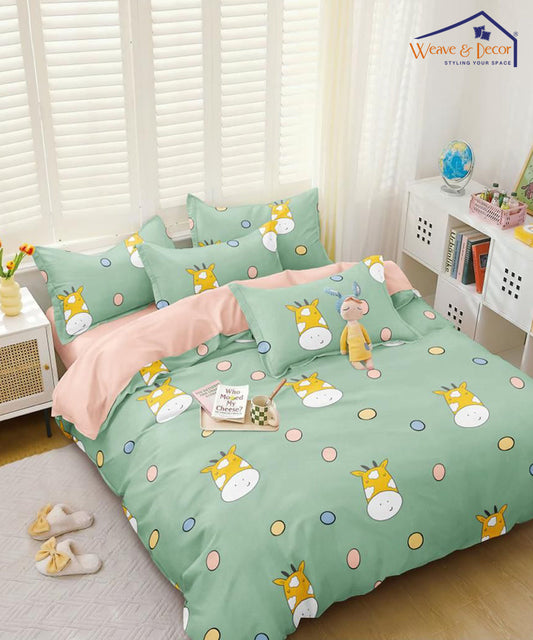 Cute Green Kids Single Bedsheet With 1 Pillow Cover