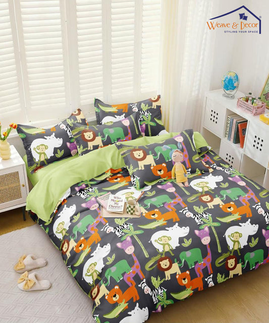 Animal Theme Kids Single Fitted Bedsheet With 1 Pillow Cover