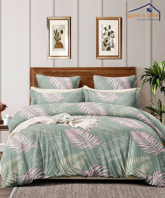 Green Leaves Queen Fitted Bedsheet With 2 Pillow Covers