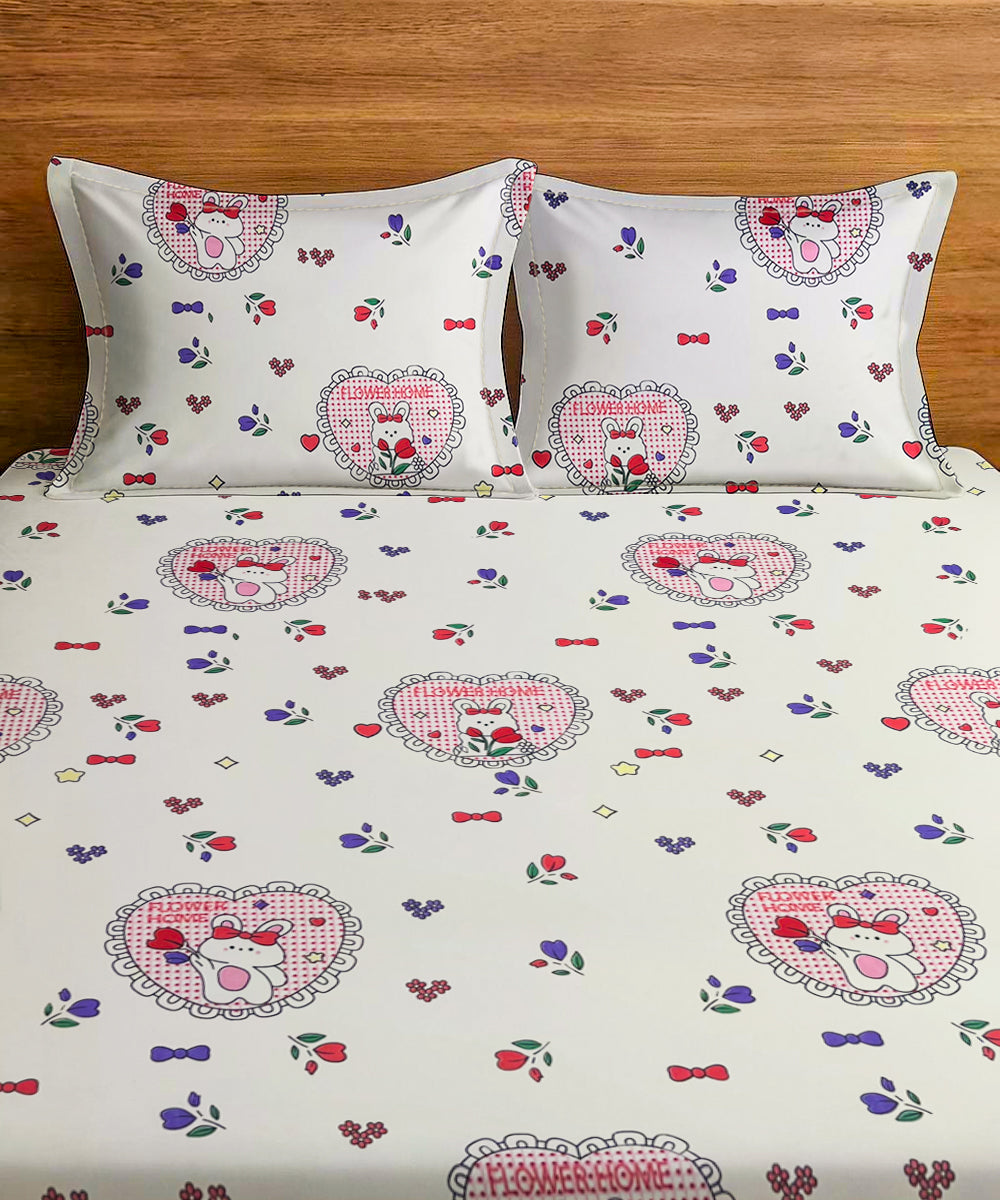 Kitty Hearts Kids Flat Double Bedsheet with 2 Pillow Covers