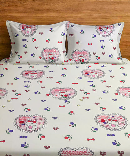 Kitty Hearts Kids Flat Double Bedsheet with 2 Pillow Covers