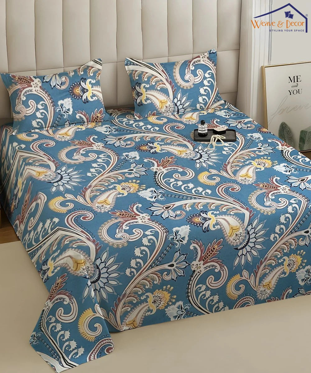 Blue Blossom Flat Double Bedsheet With 2 Pillow Cover