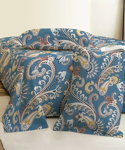 Blue Blossom Flat Double Bedsheet With 2 Pillow Cover