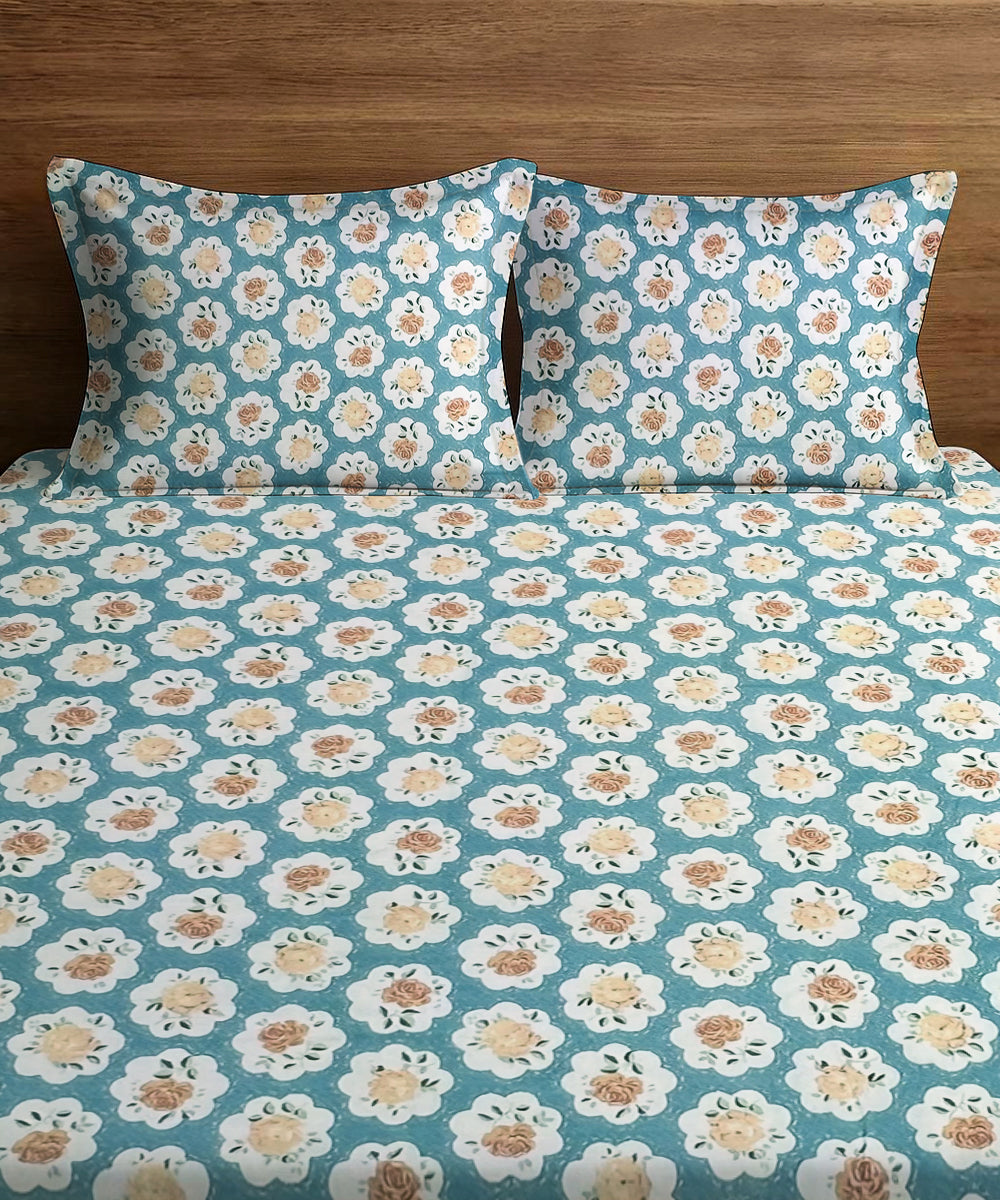 Teal Garden King Size Bedsheet With 2 Pillow Cover