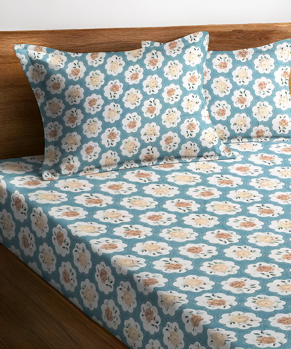 Teal Garden King Size Bedsheet With 2 Pillow Cover