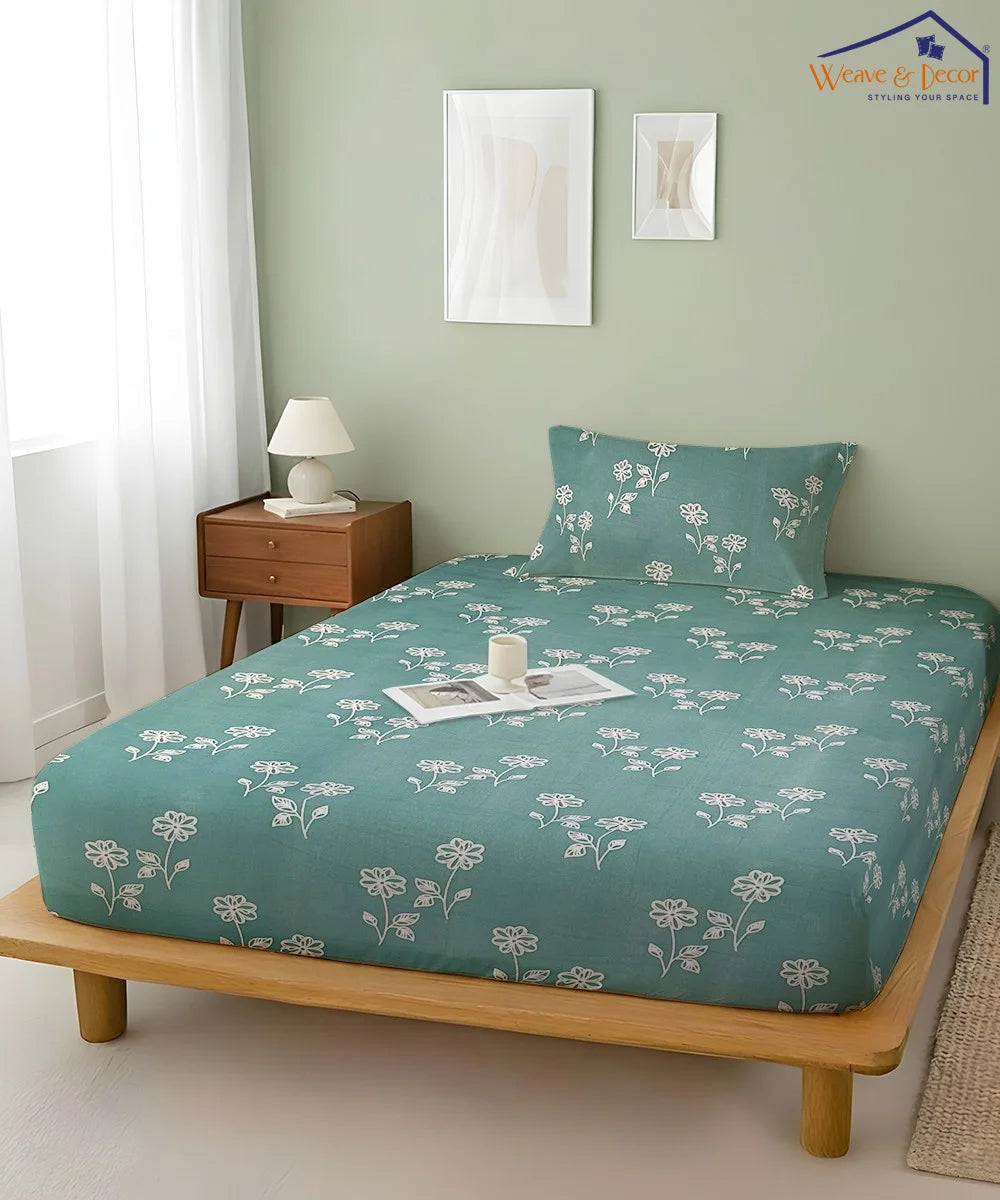 Teal Daisy Charm Flat Bedsheet With Pillow Covers