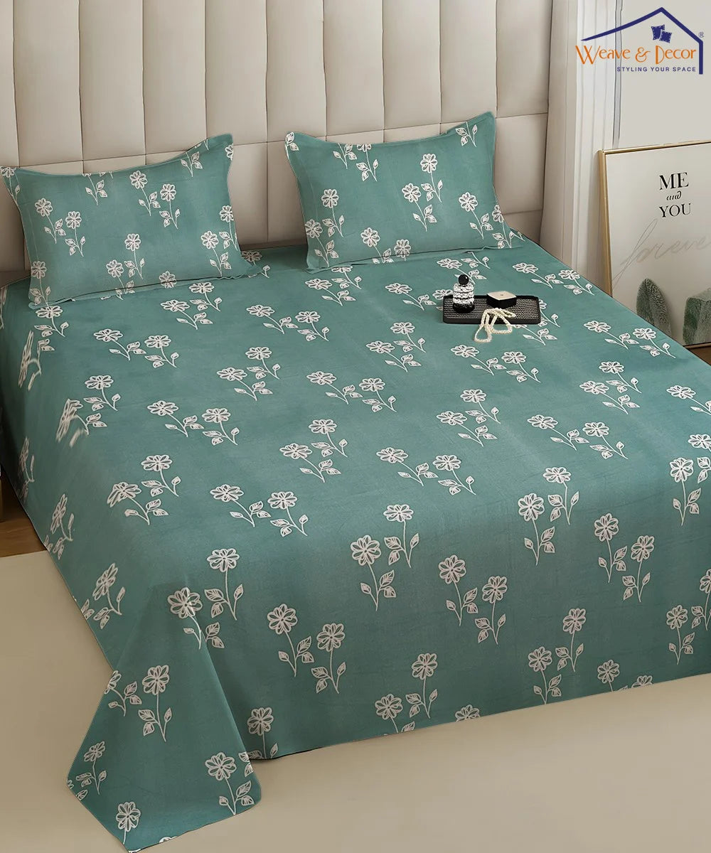 Teal Daisy Charm Flat Bedsheet With Pillow Covers
