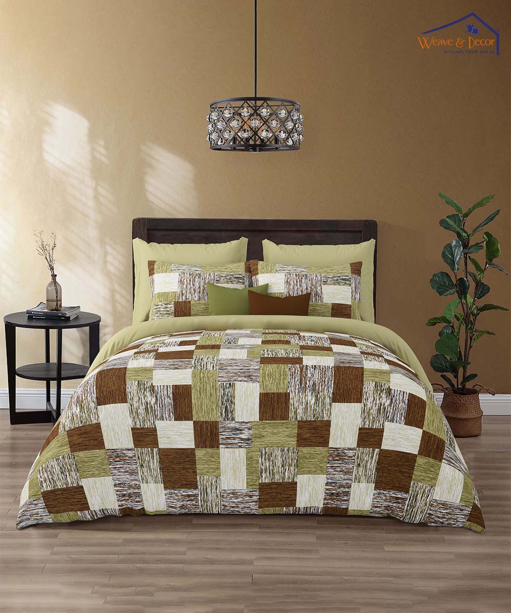Olive Check Bliss – 200 GSM Pure Cotton Double Bedsheet with Pillow Covers | 90x100 inches