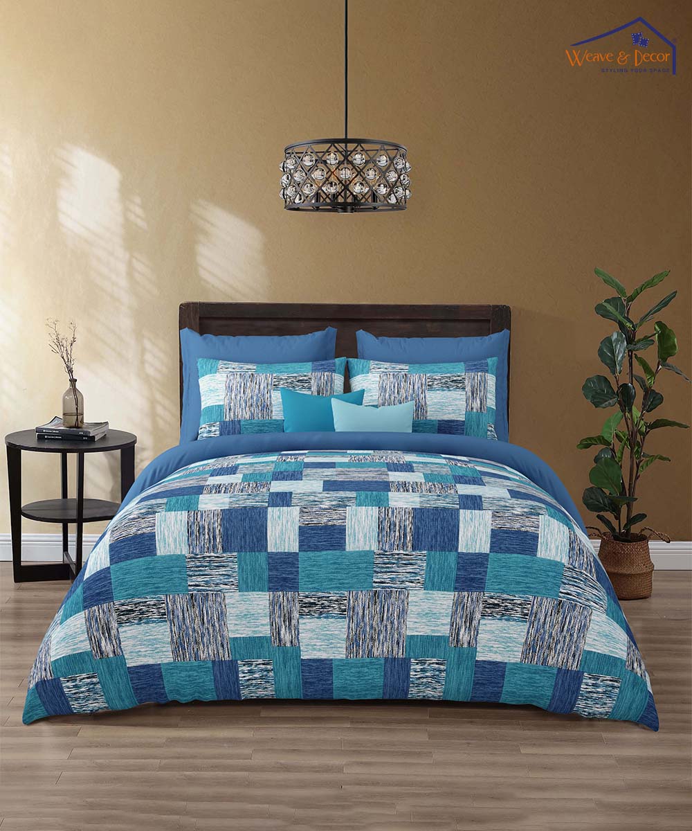 Ocean Check Bliss – 200 GSM Pure Cotton Double Bedsheet with Pillow Covers | 90x100 inches