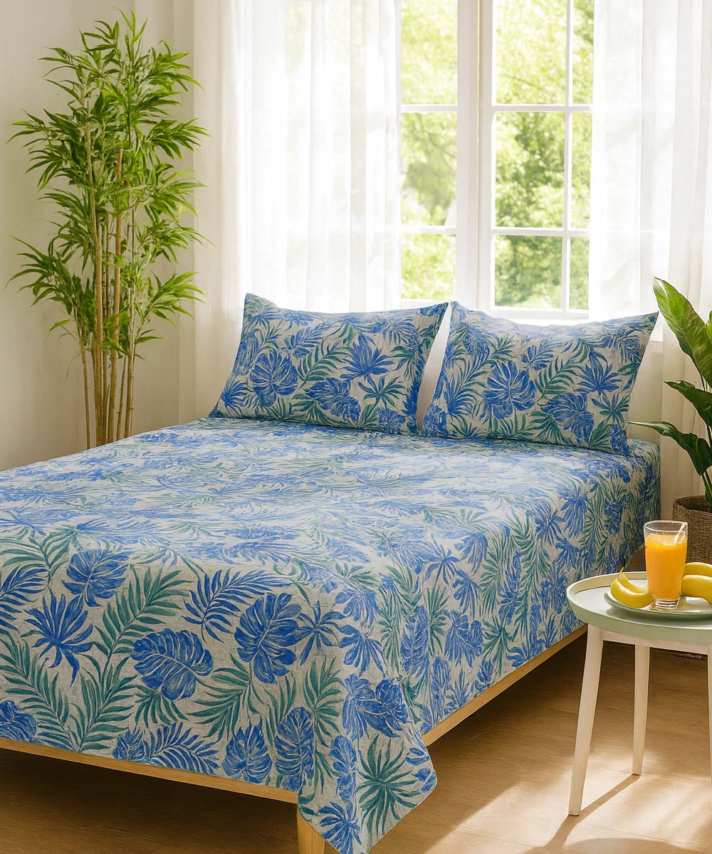 Aqua Leaf Bliss – Nature-Inspired 200 GSM Cotton Double Bedsheet With Pillow Covers |90x100 inches