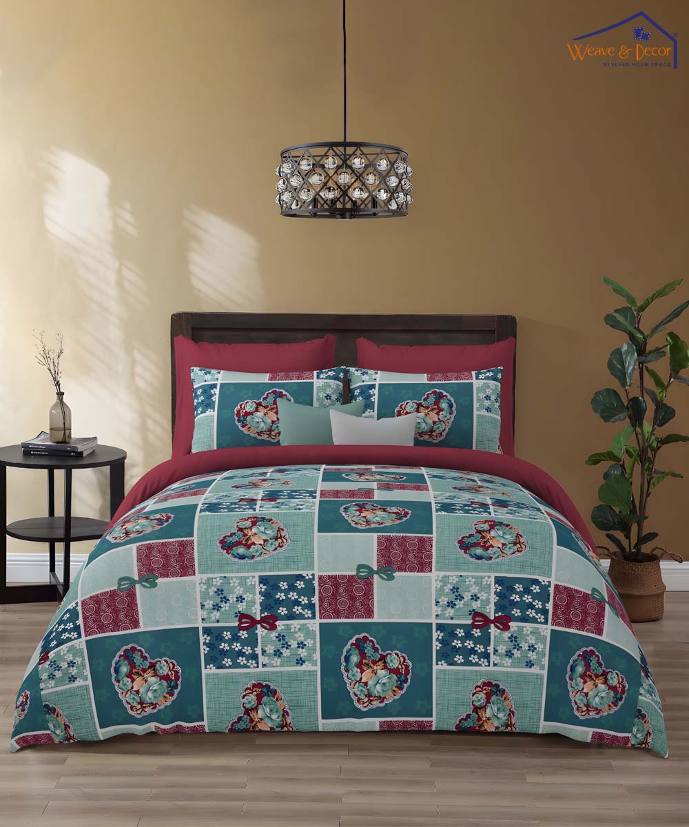 Blue Heart Serenity – 200 GSM Pure Cotton Double Bedsheet with Pillow Covers (90x100 inches)