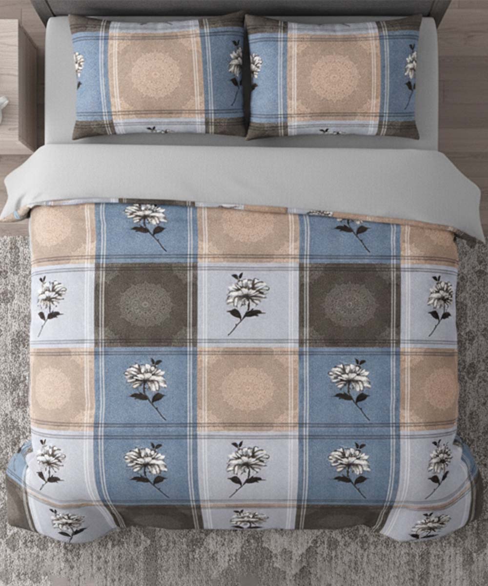 Blue Bloom Harmony – 200 GSM Pure Cotton Double Bedsheet with Pillow Covers | 90x100 inches