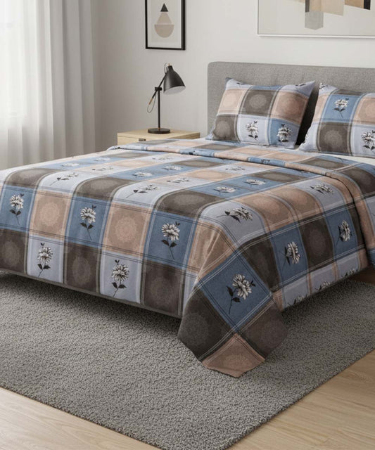 Blue Bloom Harmony – 200 GSM Pure Cotton Double Bedsheet with Pillow Covers | 90x100 inches