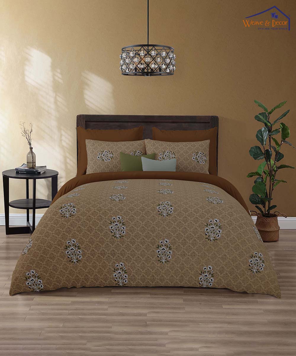 Caramel Bloom – 200 GSM Pure Cotton Double Bedsheet with Pillow Covers |90x100 inches