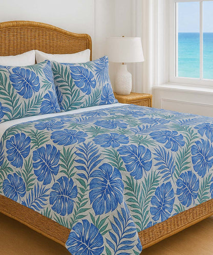 Aqua Leaf Bliss – Nature-Inspired 200 GSM Cotton Double Bedsheet With Pillow Covers |90x100 inches