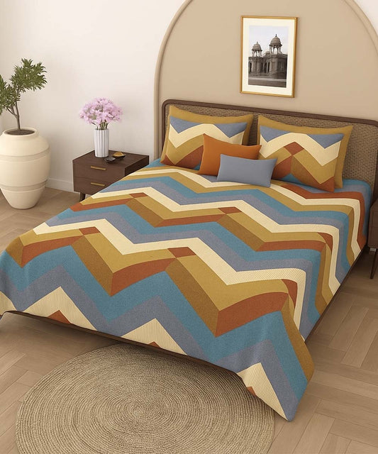 Amber Chevron Harmony – 200 GSM Pure Cotton Double Bedsheet with Pillow Covers | 90x100 inches