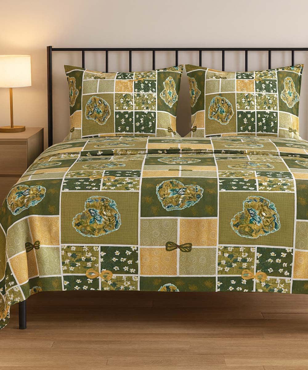 Olive Gold Charm – 200 GSM Pure Cotton Double Bedsheet with Pillow Covers |90x100 inches