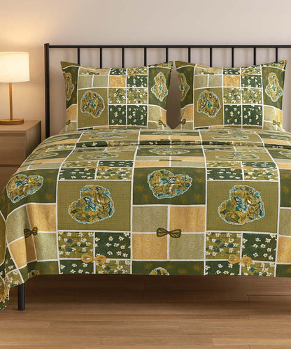 Olive Gold Charm – 200 GSM Pure Cotton Double Bedsheet with Pillow Covers |90x100 inches