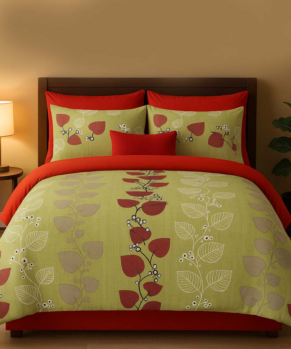 Leafy Charm – Red & Olive 200 GSM Pure Cotton Double Bedsheet With Pillow Covers |90x100 inches