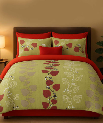 Leafy Charm – Red & Olive 200 GSM Pure Cotton Double Bedsheet With Pillow Covers |90x100 inches
