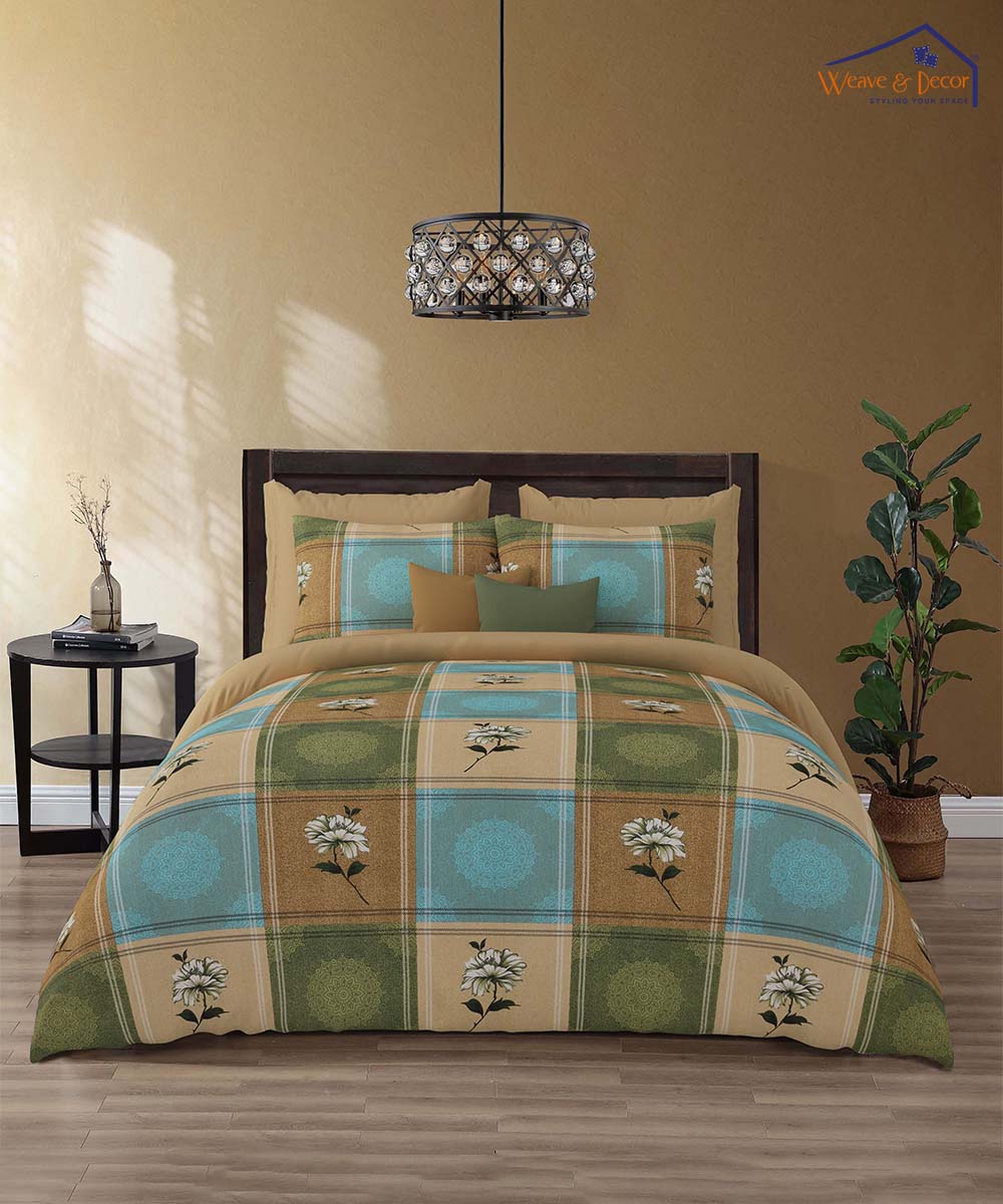 Teal Bloom Grace – 200 GSM Pure Cotton Double Bedsheet with Pillow Covers | 90x100 inches