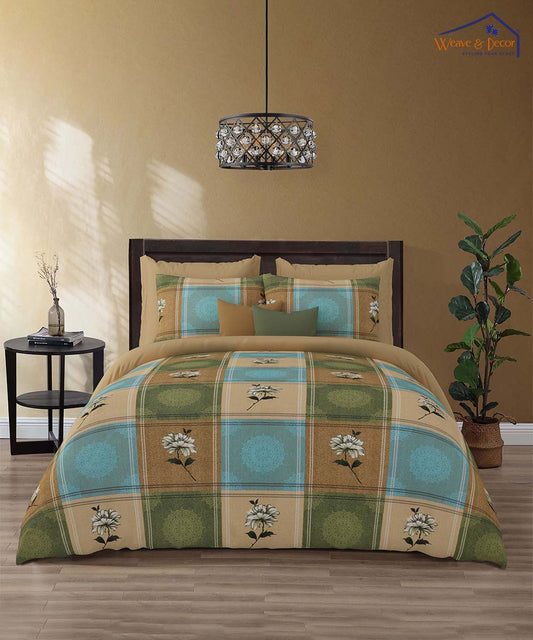 Teal Bloom Grace – 200 GSM Pure Cotton Double Bedsheet with Pillow Covers | 90x100 inches