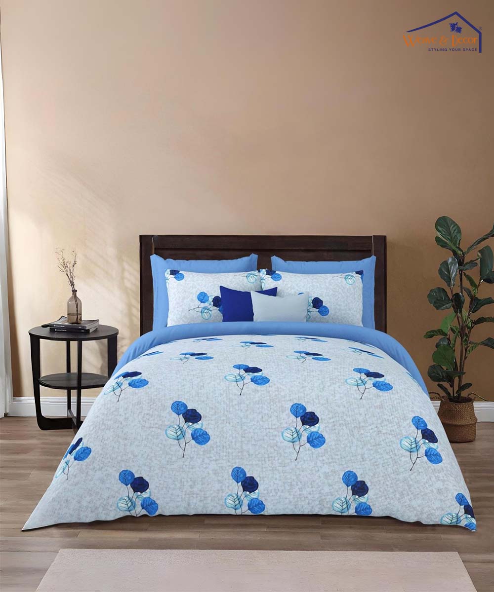 Blue Petal Serenity – 200 GSM Pure Cotton Double Bedsheet with Pillow Covers | 90x100 inches
