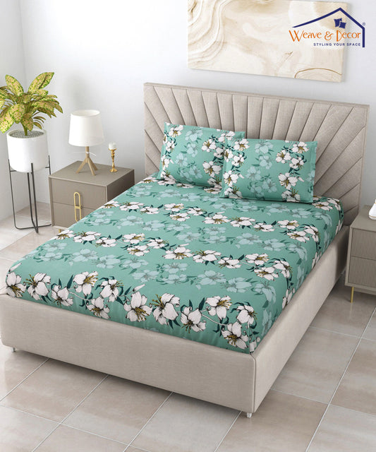 Green Floral King Size Bedsheet With 2 Pillow Cover