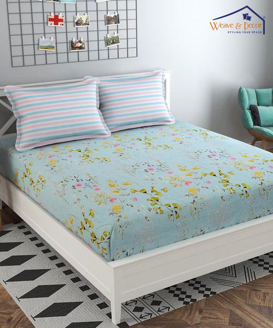 Sky Floral King Size Bedsheet With 2 Pillow Covers