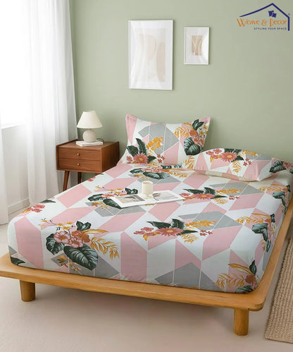Geo Bloom   Queen Fitted Bedsheet With 2 Pillow Covers