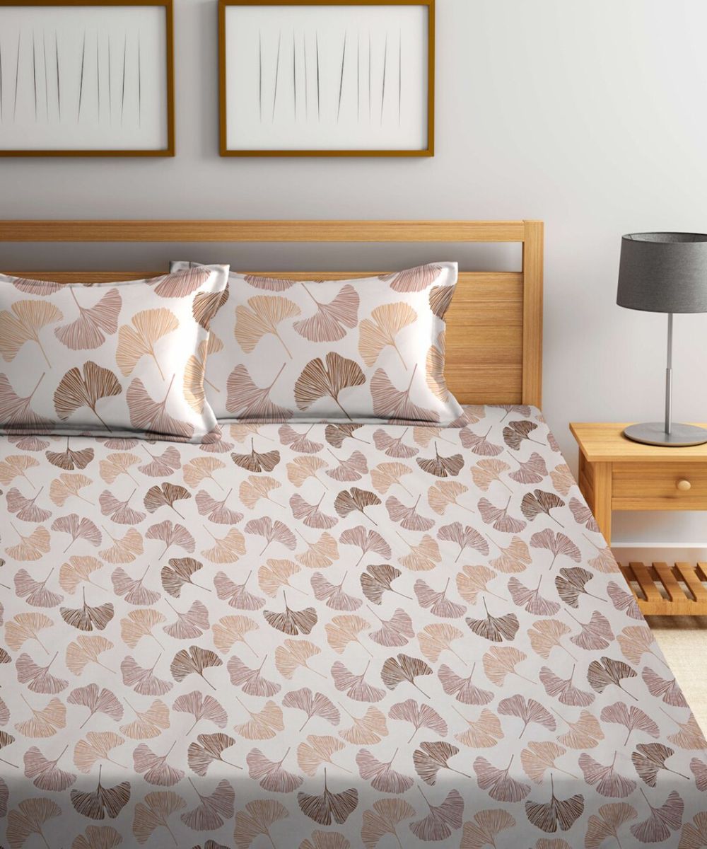 Off White Leaves Flat Double Bedsheet With 2 Pillow Cover
