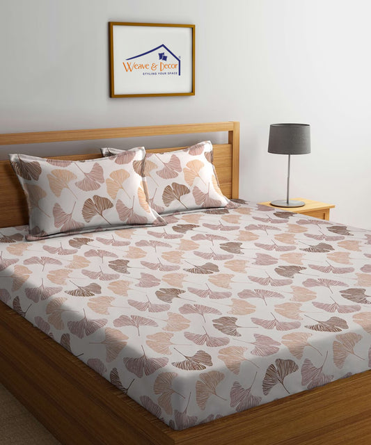 Off White Leaves King Fitted Bedsheet With 2 Pillow Covers