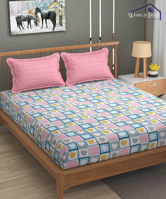Pink Hearts King Size Bedsheet With 2 Pillow Covers