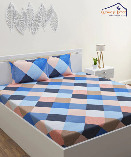 Multi Color Checks Super King Fitted Bedsheet With 2 Pillow Covers