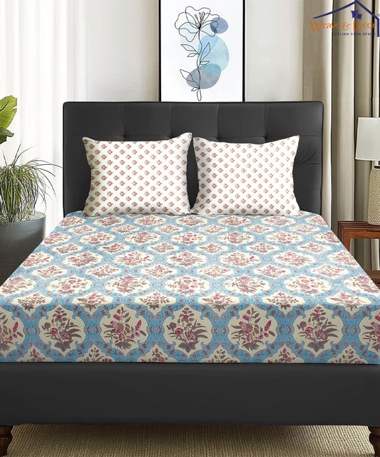 Blue Ethnic Flat Double Bedsheet With 2 Coordinate Pillow Covers