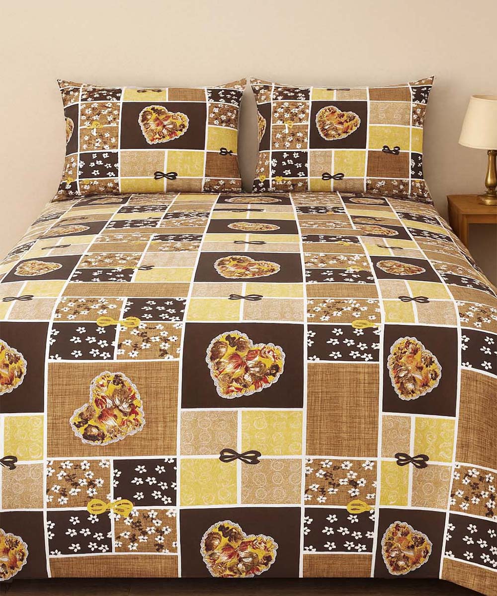 Golden Heart Harmony – 200 GSM Pure Cotton Double Bedsheet With Pillow Covers, 90x100 inches