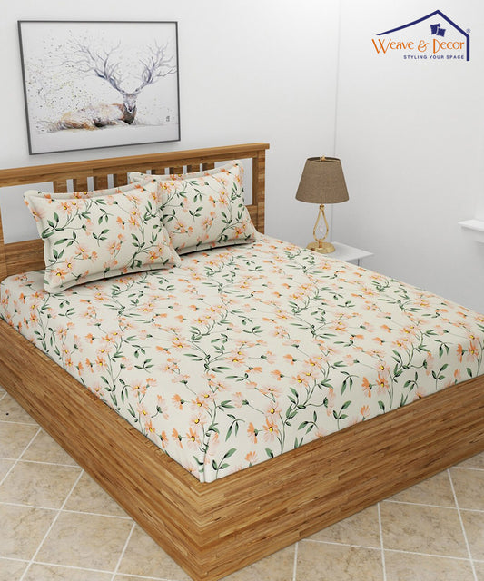 Off-White Floral Double Bedsheet With 2 Pillow Covers