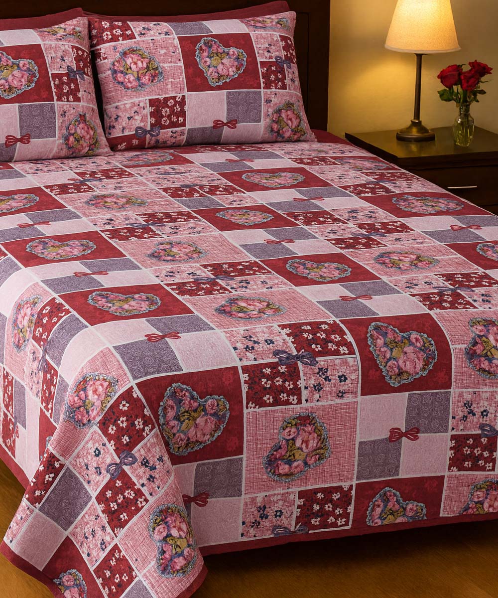 Crimson Heart Bliss – 200 GSM Pure Cotton Double Bedsheet with Pillow Covers |90x100 inches