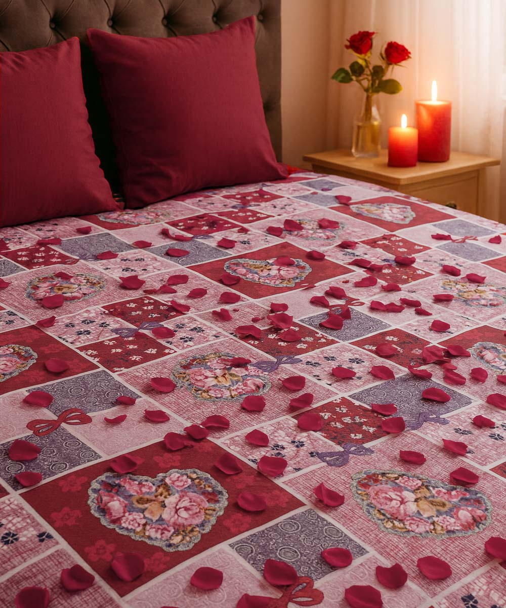 Crimson Heart Bliss – 200 GSM Pure Cotton Double Bedsheet with Pillow Covers |90x100 inches