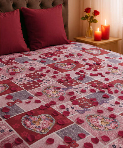 Crimson Heart Bliss – 200 GSM Pure Cotton Double Bedsheet with Pillow Covers |90x100 inches