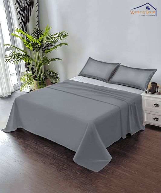 Pastel Grey  Solid  Flat Double Bedsheet With 2 Pillow Covers