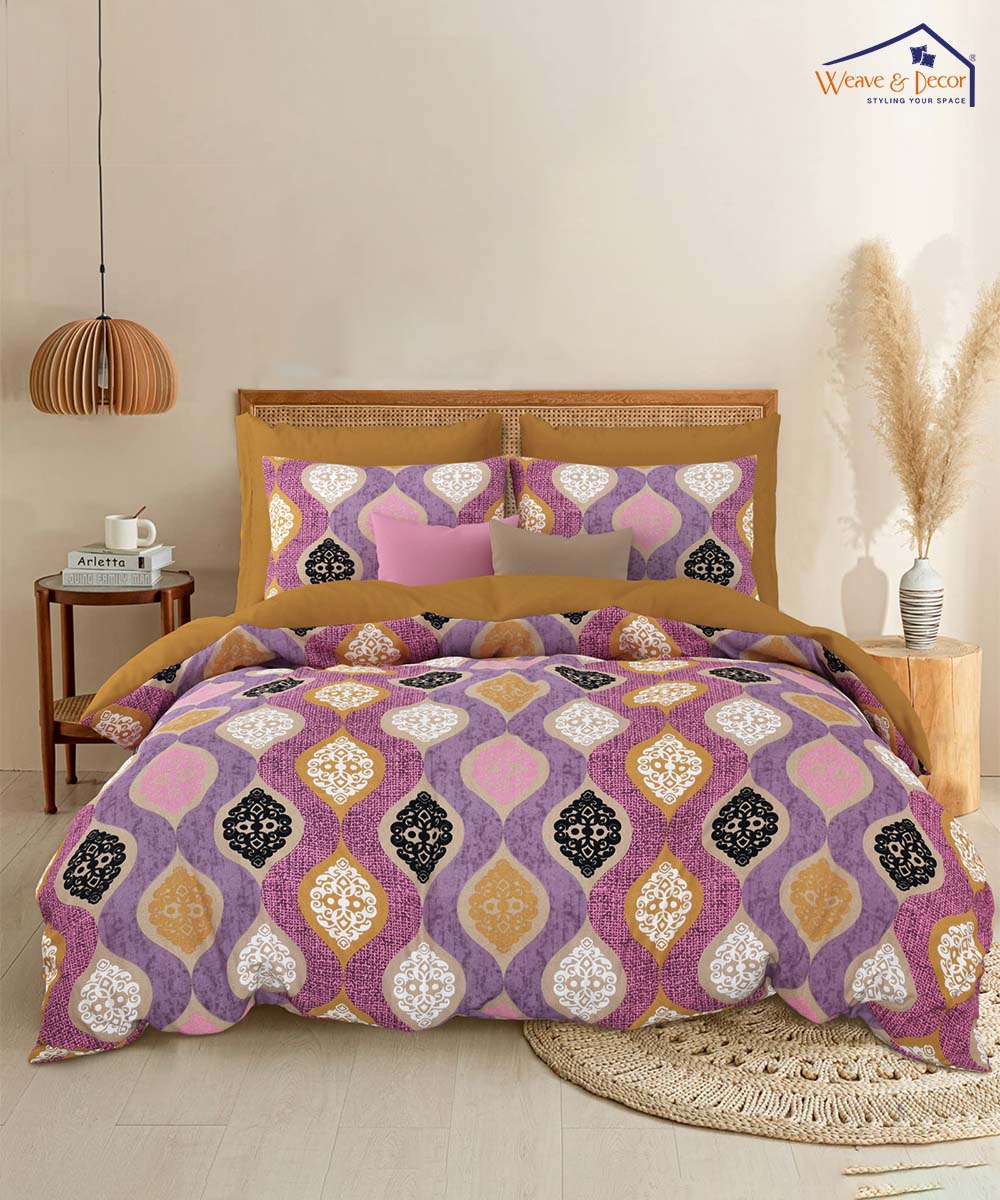 Orchid Mosaic Charm – 200 GSM Pure Cotton Double Bedsheet with Pillow Covers | 90x100 inches
