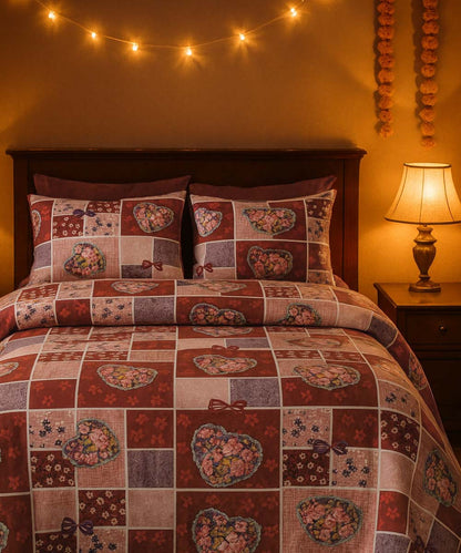 Crimson Heart Bliss – 200 GSM Pure Cotton Double Bedsheet with Pillow Covers |90x100 inches