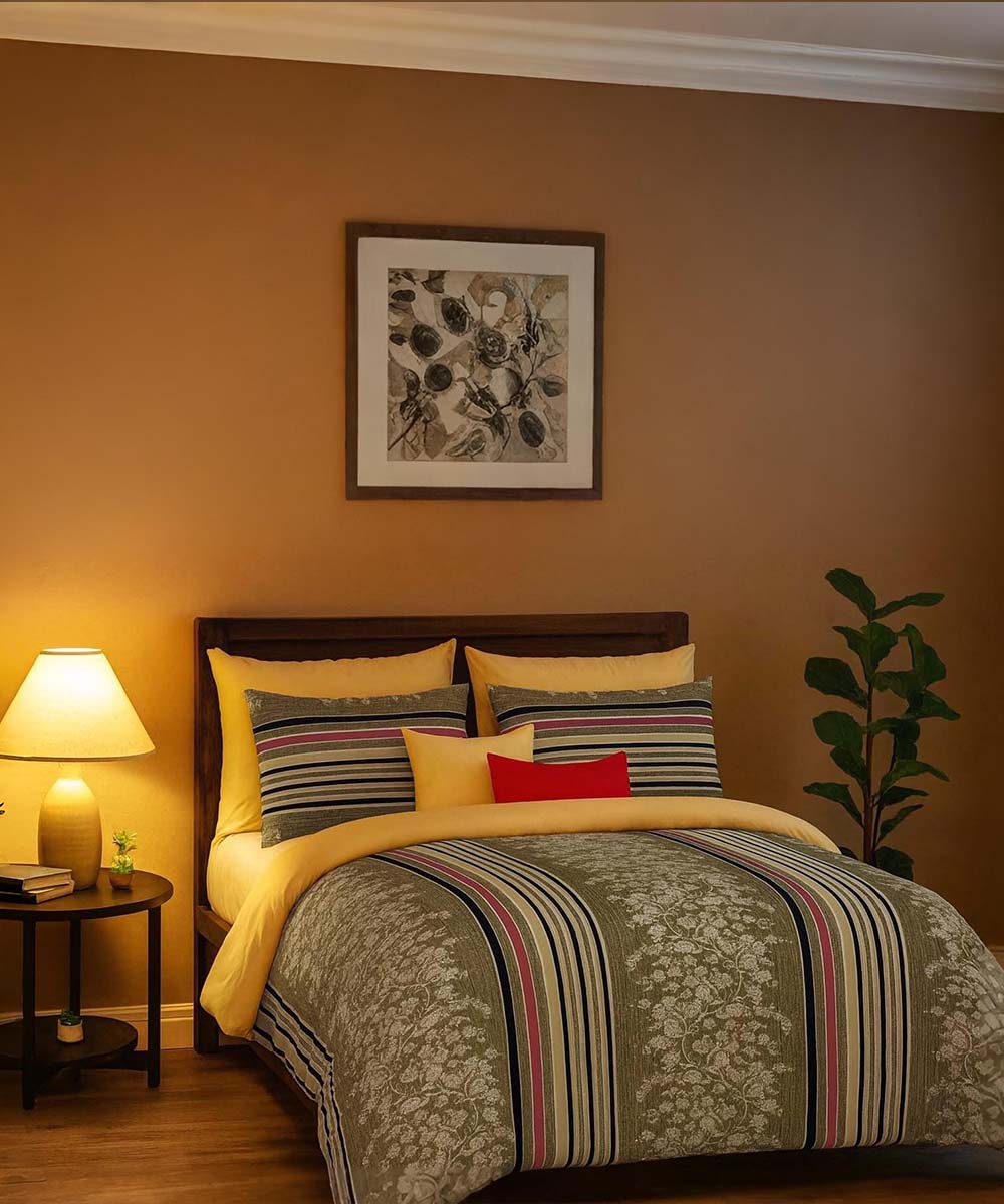 Olive Bloom Stripes – 200 GSM Pure Cotton Double Bedsheet with Pillow Covers |90x100 inches