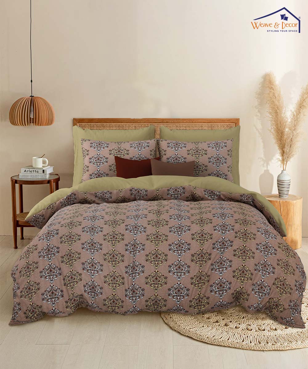 Mocha Tile Elegance – 200 GSM Pure Cotton Double Bedsheet with Pillow Covers | 90x100 inches