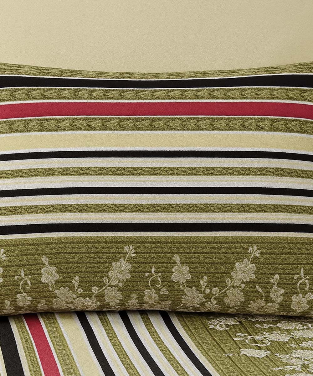 Olive Bloom Stripes – 200 GSM Pure Cotton Double Bedsheet with Pillow Covers |90x100 inches