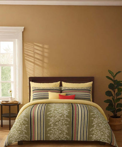 Olive Bloom Stripes – 200 GSM Pure Cotton Double Bedsheet with Pillow Covers |90x100 inches