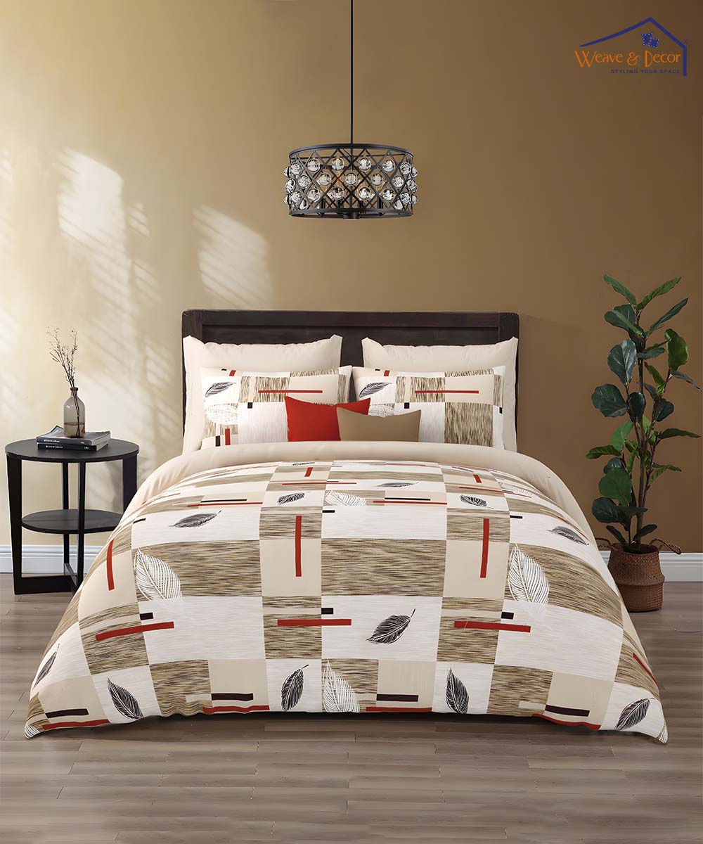 Beige Leaf Harmony – 200 GSM Pure Cotton Double Bedsheet with Pillow Covers | 90x100 inches