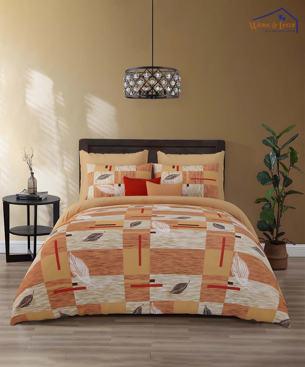 Amber Leaf Glow – 200 GSM Pure Cotton Double Bedsheet with Pillow Covers | 90x100 inches